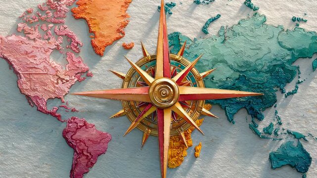 Detailed World Map with Decorative Compass Rose, Global Navigation and Exploration Concept, Watercolor Style Illustration, Travel and Geography Theme