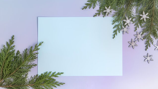 A winter-themed arrangement shows a blank white space ideal for writing holiday greetings, surrounded by silver snowflakes and pine branches, evoking a festive atmosphere.