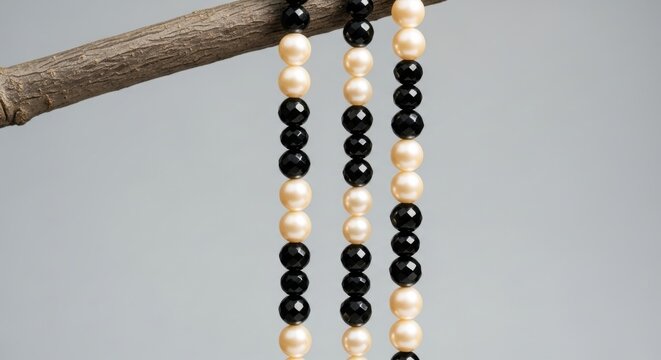 Elegant jewelry making concept. Strings of black faceted gems and cream pearls hanging from a natural wood branch. Luxury fashion accessory supplies for handmade crafts