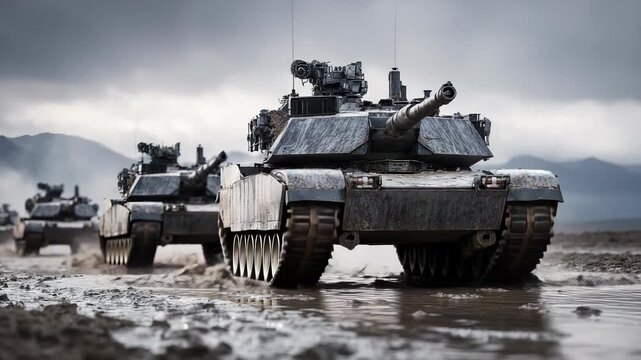 Military Might: A Convoy of Heavy Battle Tanks Traversing Muddy Terrain Under a Cloudy Sky, Showing Power and Determination