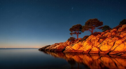 Majestic rocky coastline under a starry night sky. Long exposure seascape with calm water reflections. Natural travel destination for astronomy and meditation. Scenic outdoor adventure concept