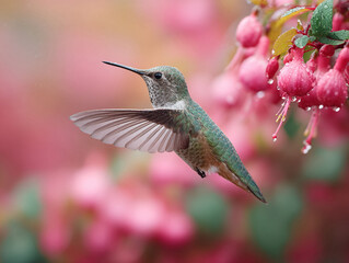 Obraz premium A stunning hummingbird in midflight near vibrant pink flowers. Captures natures beauty and delicate balance. Perfect for projects needing a touch of elegance and wonder.