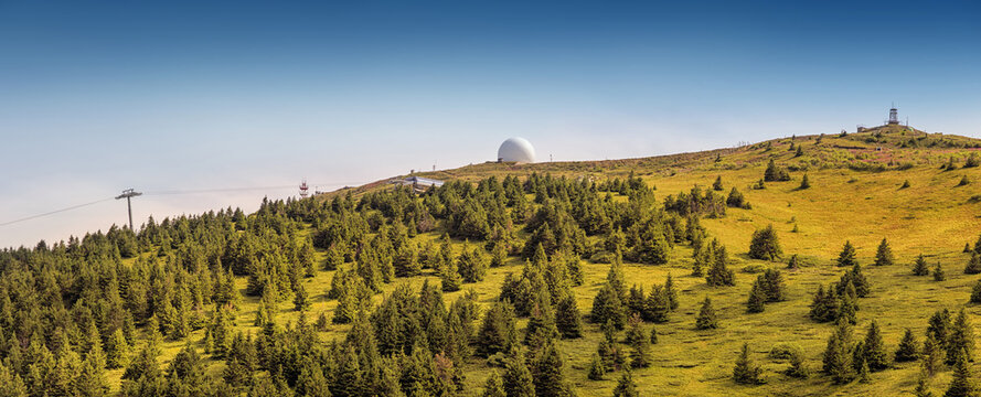 Panoramic view of white dome mausoleum of Josif Pancic on Pancicev vrh seen from Kopaonik slopes, at summer