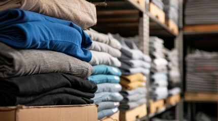 A neatly organized display of folded clothing on shelves. Various colors of shirts and pants are stacked, showcasing a tidy retail environment.