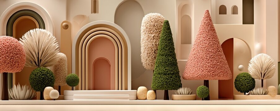 Charming pastel village scene with a cute Christmas tree and soft glowing lights