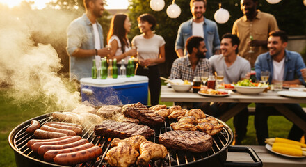 a group of people are having a party with grilled meat on the grill