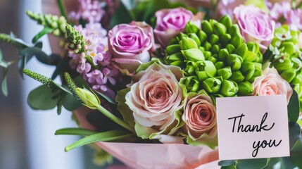 A bouquet of pink and green flowers with a card that says 'Thank you'. The arrangement includes roses and other greenery.