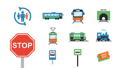 Public transportation icons set: buses, trains, stops, tickets, and signs