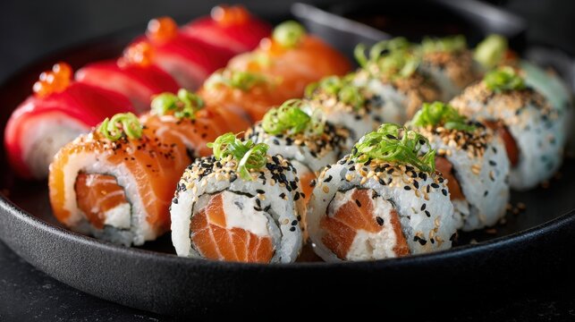 A Variety of Fresh Sushi Rolls with Salmon, Cream Cheese, and Vegetables Served on a Black Plate for Delicious Japanese Cuisine Experience