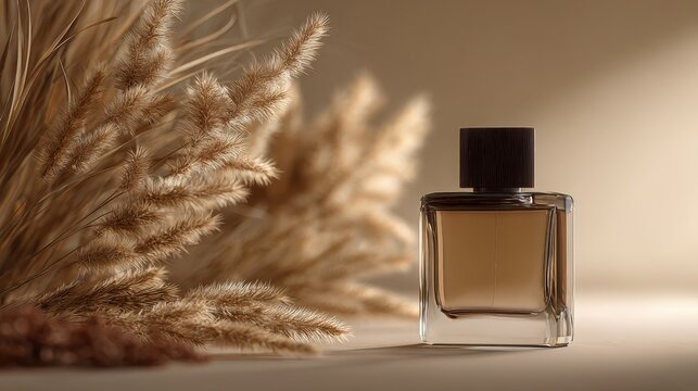 Elegant perfume bottle on a soft beige background with dried grass accents, capturing the essence of luxury and sophistication in fragrance design