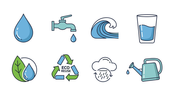 Water conservation icons: eco-friendly sustainability and reuse symbols