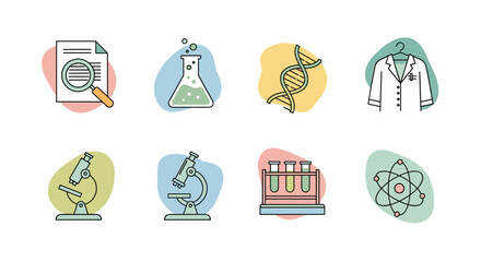 Colorful scientific icons: laboratory equipment and dna symbols
