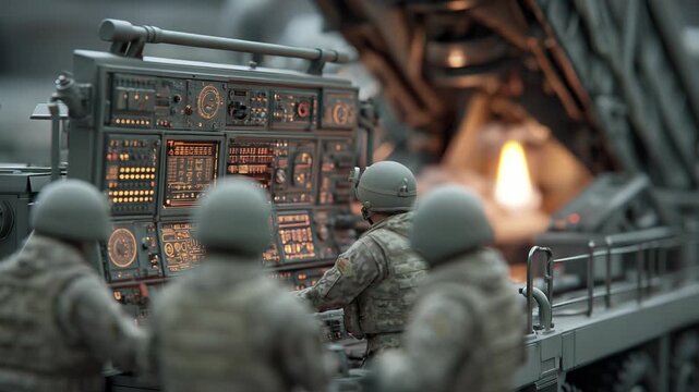 Military Personnel Operating a Complex Control Panel, Launching a Rocket, Demonstrating High-Tech Defense Systems and Strategic Military Operations