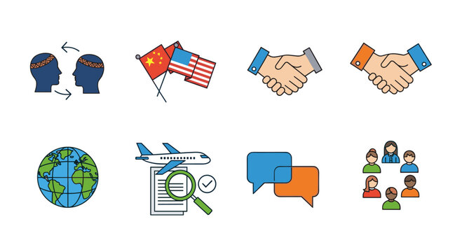 International business communication icons: global collaboration and partnership in flat design