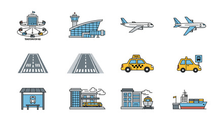 Transportation icons set: airport, airplane, taxi, bus, and ship in modern linear style