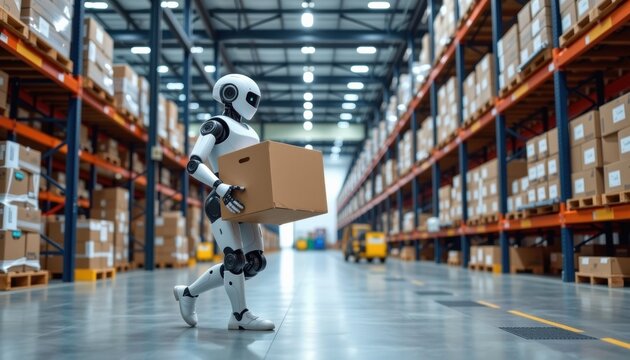 Robotic Worker Transporting Packages Warehouse Industrial Automation Indoor Environment Side View Efficiency Concepts - Powered by Adobe