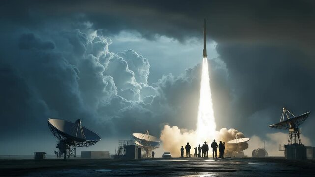 Dramatic Rocket Launch with Silhouetted Observers and Satellite Dishes Against a Cloudy Sky, Space Exploration and Technological Advancement.
