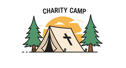 Sunset camp with tent and trees for charity event promotion