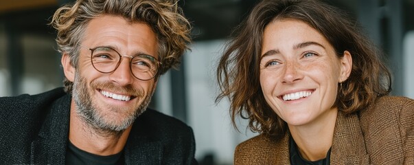 Two smiling business people sit at an office table, showcasing teamwork and professional collaboration
