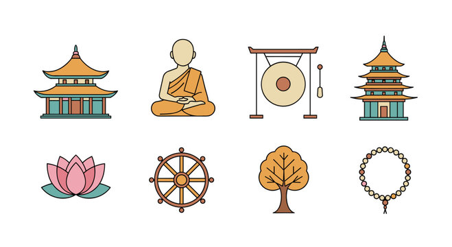 Asian cultural icons set featuring temples, buddha, and traditional elements in flat style