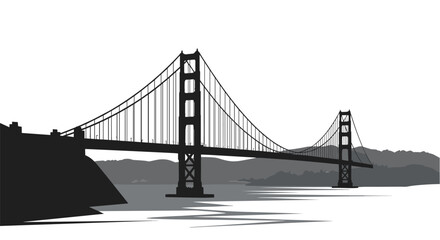 Fototapeta premium Majestic suspension bridge silhouette over calm waters in black and white