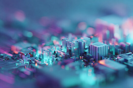 Abstract, futuristic micro landscape with a vibrant teal and magenta palette. Ideal for illustrating technology, innovation, data, and connectivity concepts.