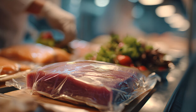 Medium shot focusing on biodegradable wrap tightly sealing fresh meat showcasing ecofriendly packaging solutions