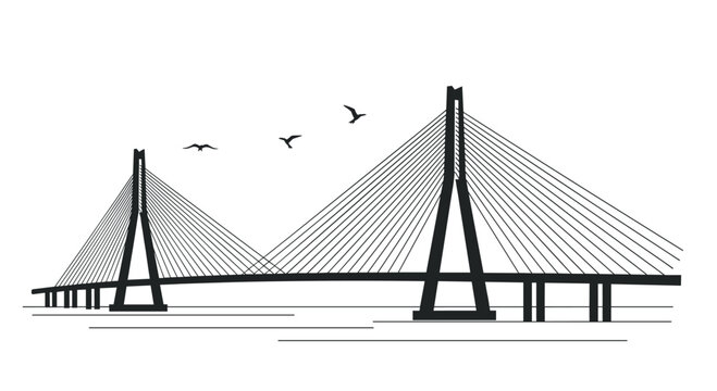 Elegant silhouette of cable stayed bridge with birds in flight