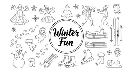 Winter fun doodle set with snowman, skates, and sleds for seasonal activities