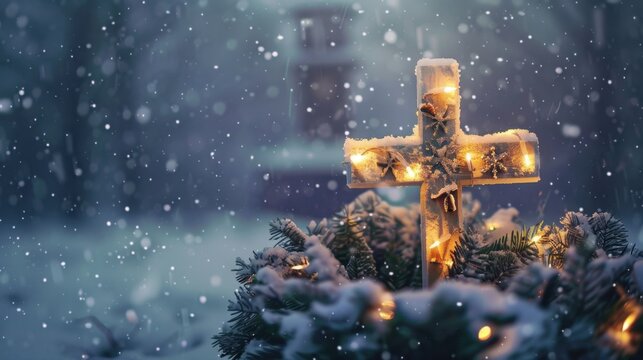 A snowy scene featuring a wooden cross adorned with lights, surrounded by evergreen branches. Soft snowflakes fall gently in a serene winter atmosphere.