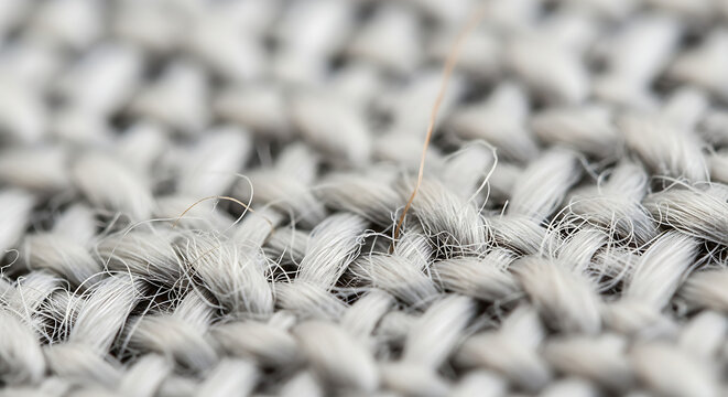 Macro photograph of a gray knitted fabric with a single strand of hair caught in the threads, highlighting texture and detail.