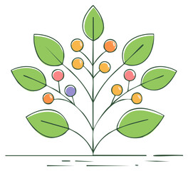 Stylized plant with green leaves and colorful berries in a minimalist design