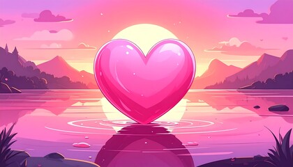 Cartoon heart floats on water with a sunset backdrop
