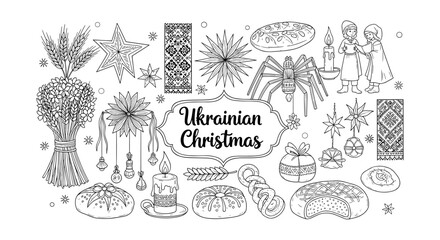 Ukrainian christmas traditions in black and white line art
