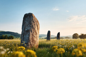 Majestic ancient standing stones rise from a vibrant wildflower meadow under a serene sky. Evokes history, mystery, nature. Perfect for travel, spiritual, or editorial use.