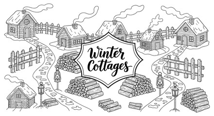 Fototapeta premium Charming winter cottages scene in black and white with snowy paths and firewood