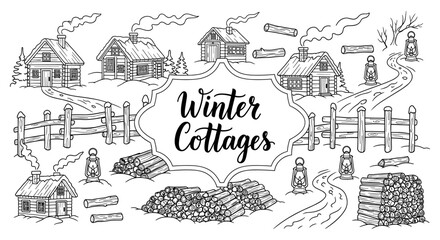 Fototapeta premium Cozy winter cottages and scenic landscape in black and white linear style