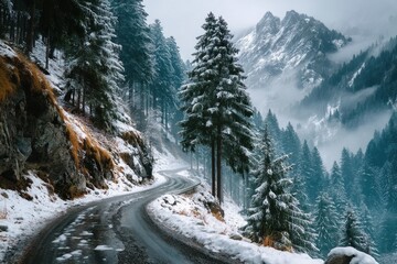 Winding road through a snowy forest and mountains with mist along a mountain pass