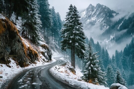 Winding road through a snowy forest and mountains with mist along a mountain pass