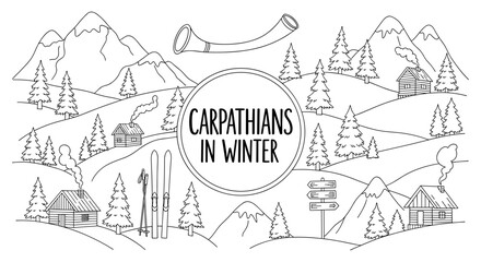Obraz premium Carpathians in winter: hand-drawn mountain landscape with cabins, trees, and ski gear