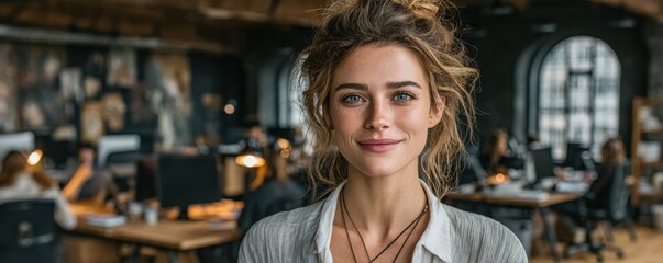 Young professional woman smiling in a modern office with coworkers and laptops