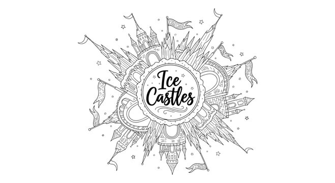Intricate ice castles mandala design with snowy towers and flags in black and white