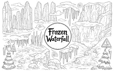 Hand-drawn winter landscape with icy waterfalls and snowy pines