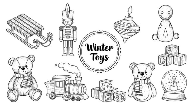 Vintage winter toys collection with sketch toy soldier, bears, and sled