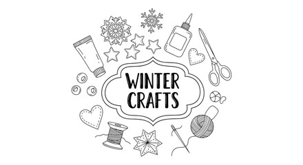 Fototapeta premium Winter crafts line art: creative diy holiday activities with snowflakes and stars