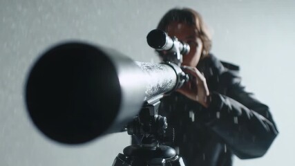 An individual peers through a powerful telescope, symbolizing scientific exploration and stargazing. The atmosphere evokes wonder, curiosity, and the quest for cosmic knowledge