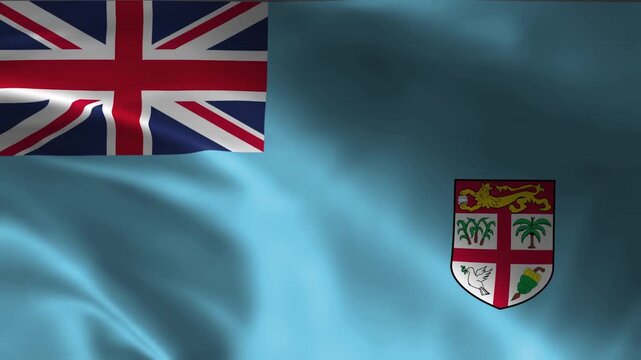 fiji national flag waving, light blue ensign, union jack, shield of arms, south pacific islands