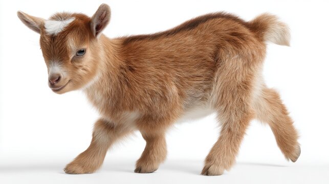 A small brown goat kid is walking playfully. Its soft fur and lively eyes show the joy of exploring a bright and clean space. The setting is cheerful and inviting.