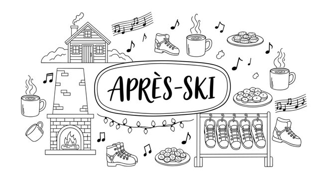 Après-ski winter scene with cozy fireplace, music notes, and hot drinks