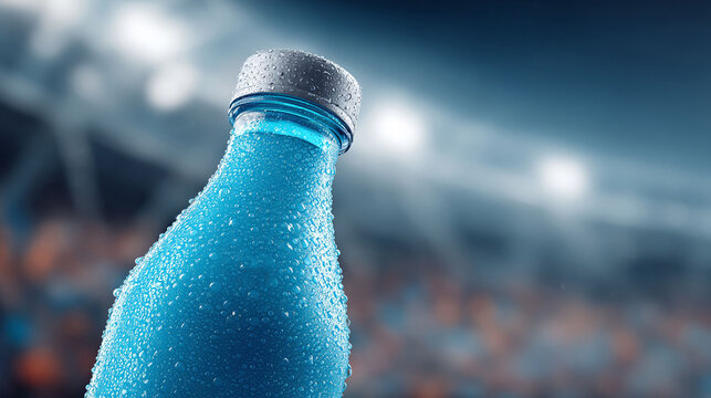 Refreshing blue bottle with condensation, evokes hydration  energy. Perfect for sports, health, or beverage ads, symbolizing vitality  refreshment.